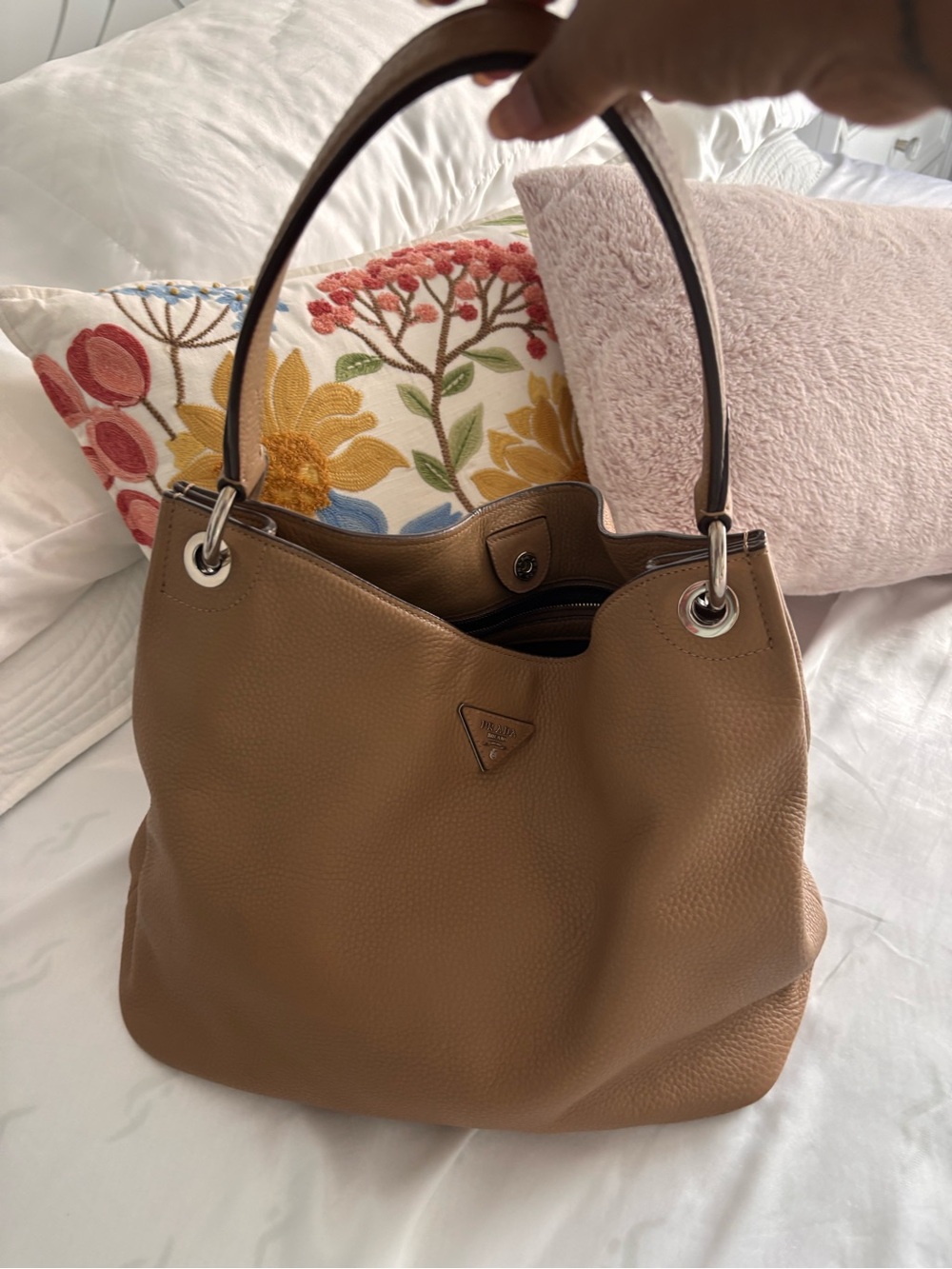Prada Tan Pebbled Leather Shoulder Bag with Silver Grommet Hardware - Picture 2 of 8